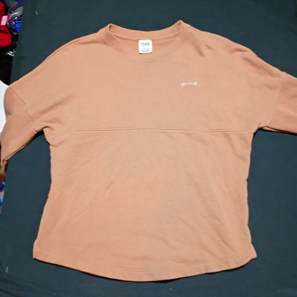 PINK Women's Brown Logo Crewneck Fleece Pullover Sweatshirt XS